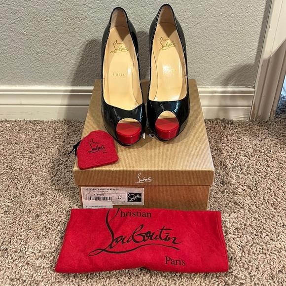 Christian Louboutin Black Patent Red Peep Toe “New Very Prive120 Patent” Size37 - Picture 1 of 9